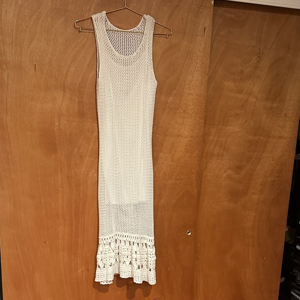 Crochet white Allen B. Maxi dress with ruffled hem, 087